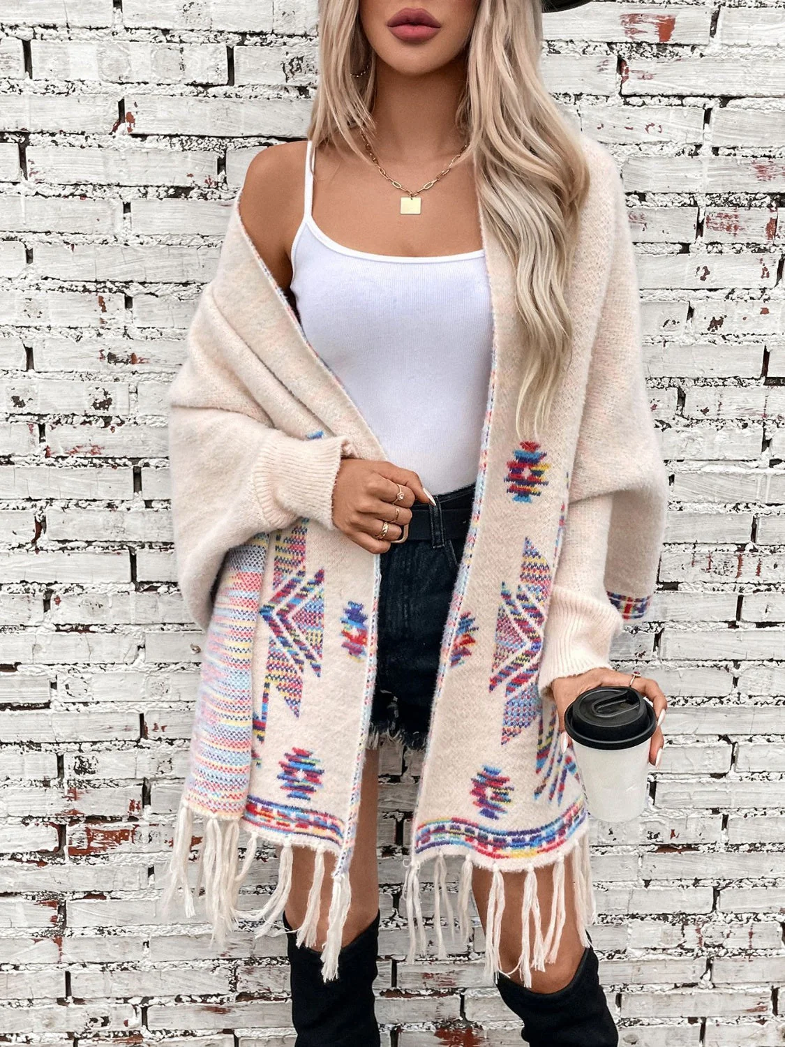 Fringe Geometric Open Front Long Sleeve Cape - Image 6