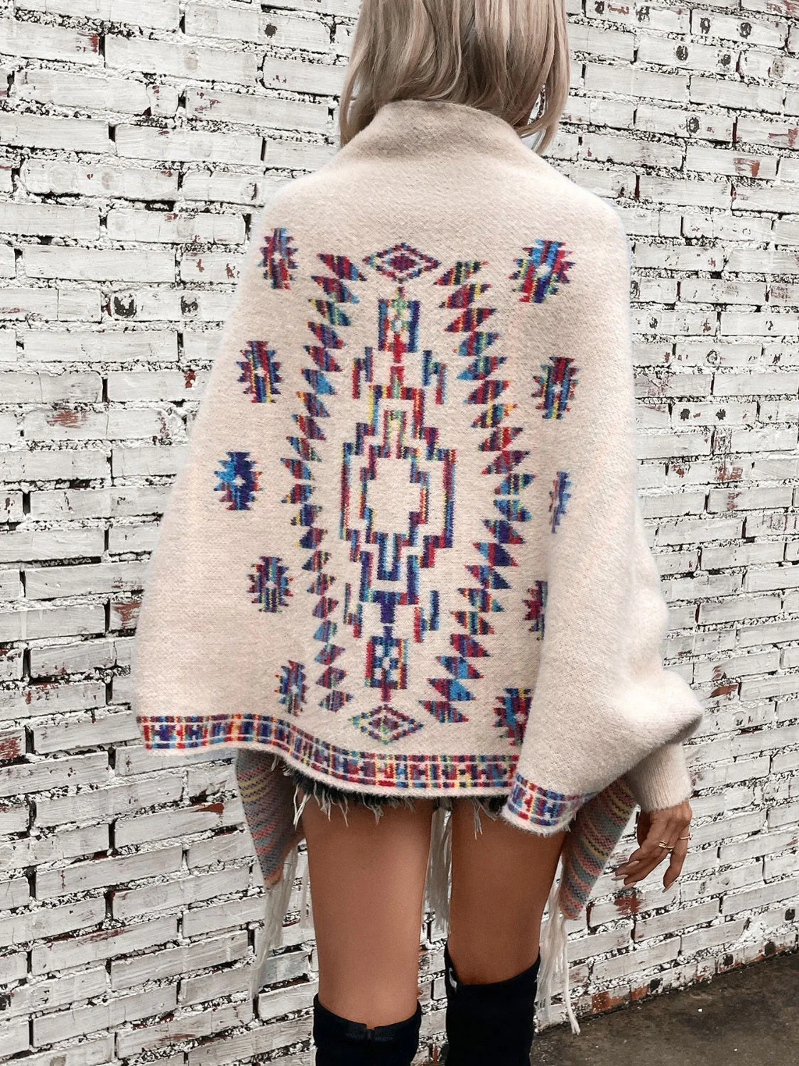 Fringe Geometric Open Front Long Sleeve Cape - Image 7