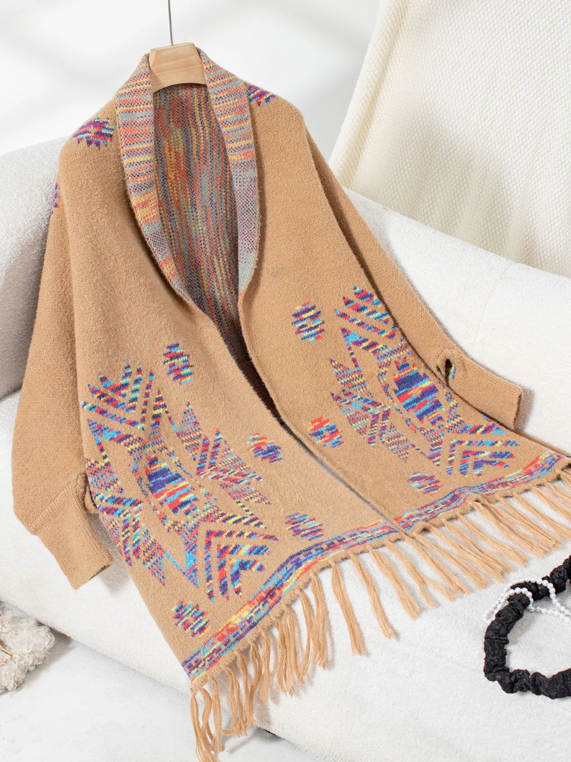 Fringe Geometric Open Front Long Sleeve Cape - Image 8