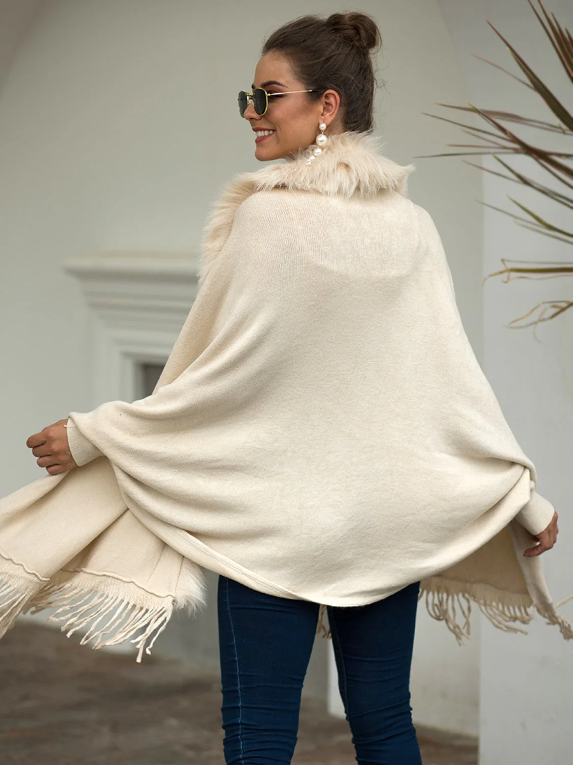Fringe Open Front Long Sleeve Poncho - Image 2