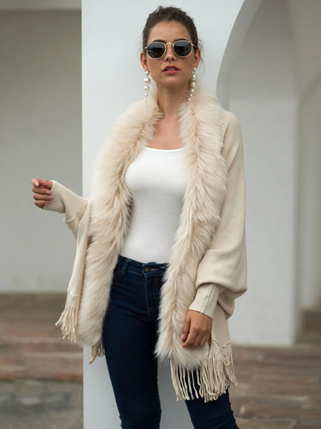 Fringe Open Front Long Sleeve Poncho - Image 4