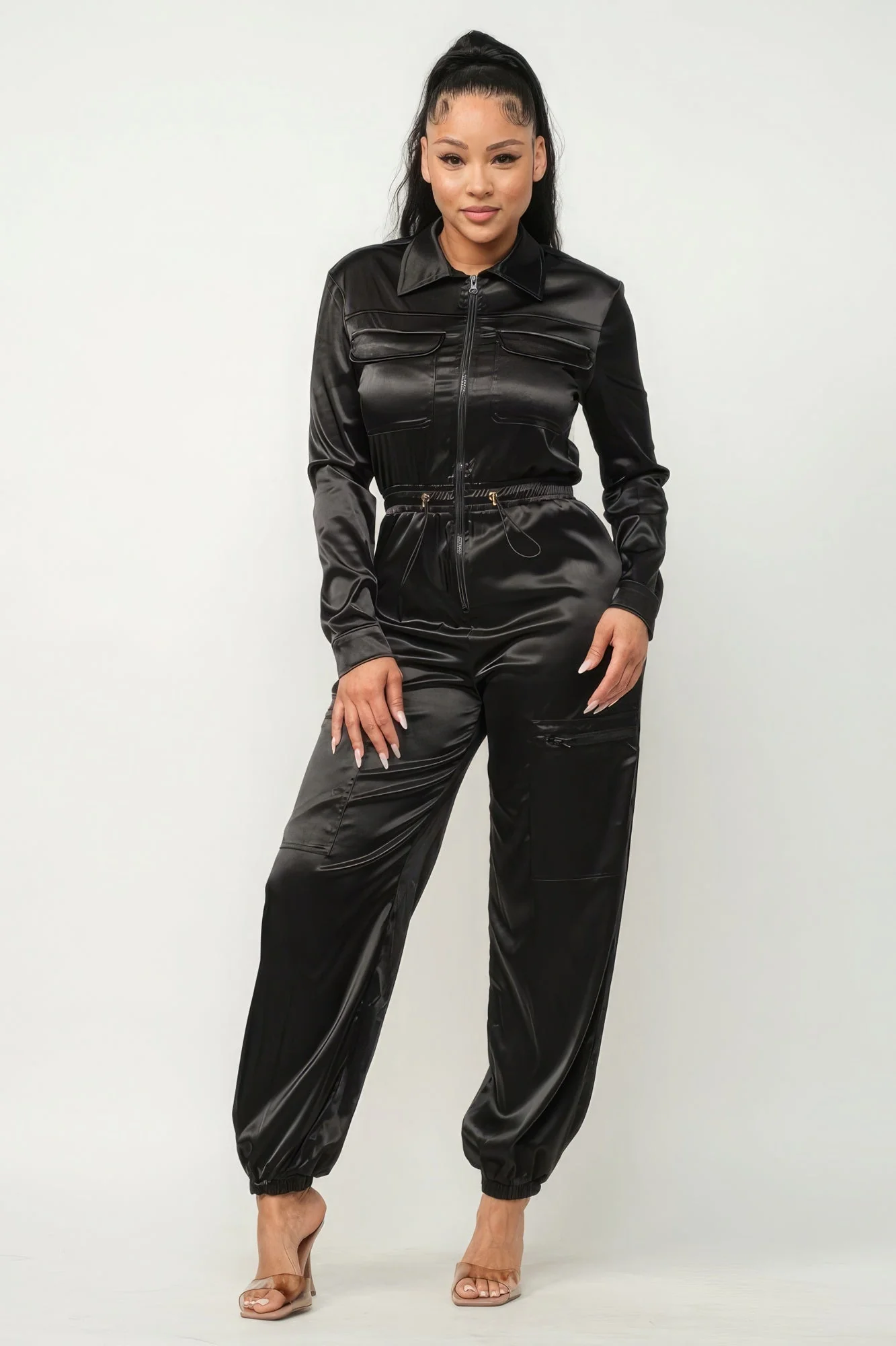 Front Zipper Pockets Top And Pants Jumpsuit - Image 2