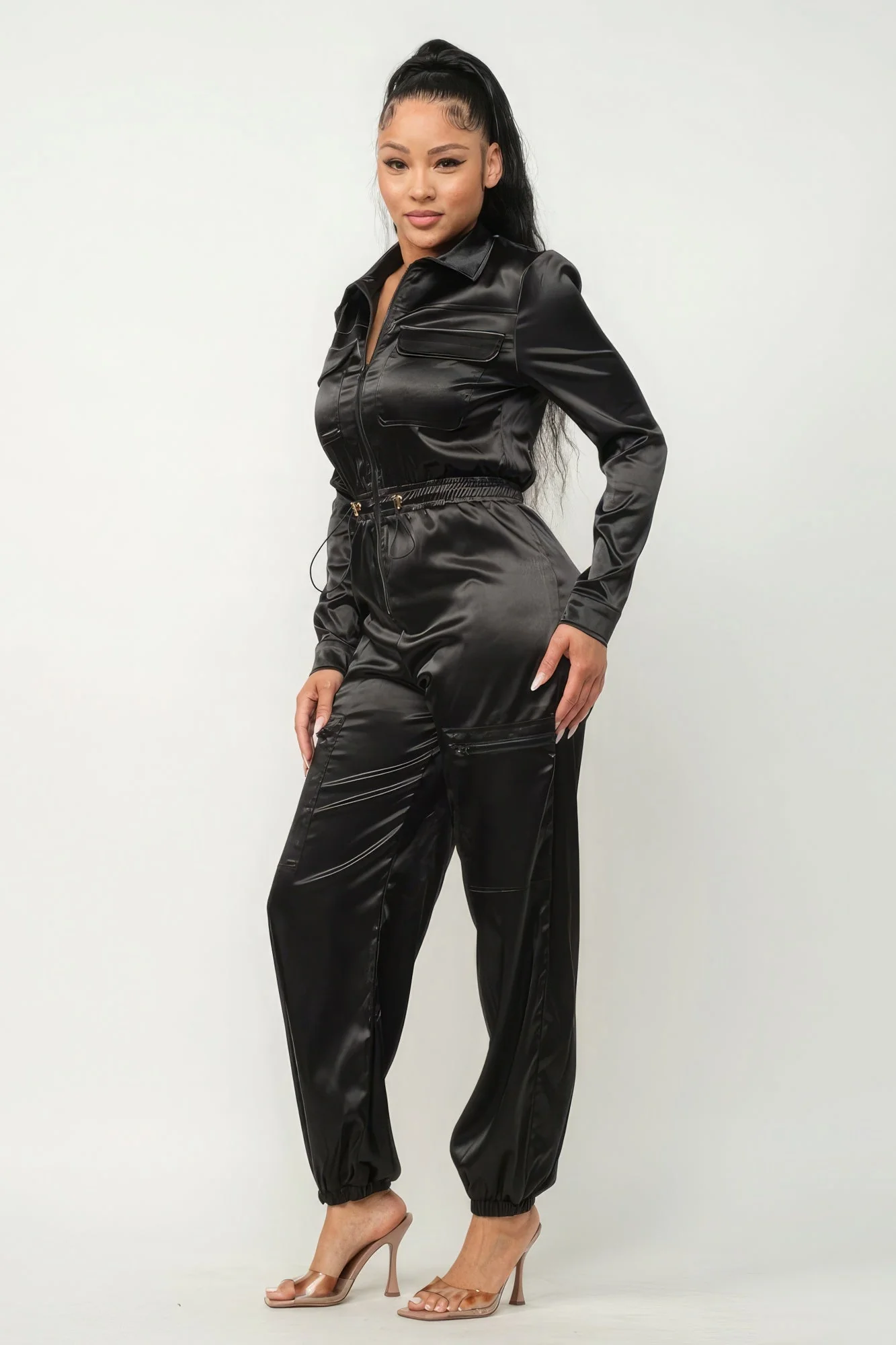 Front Zipper Pockets Top And Pants Jumpsuit - Image 3