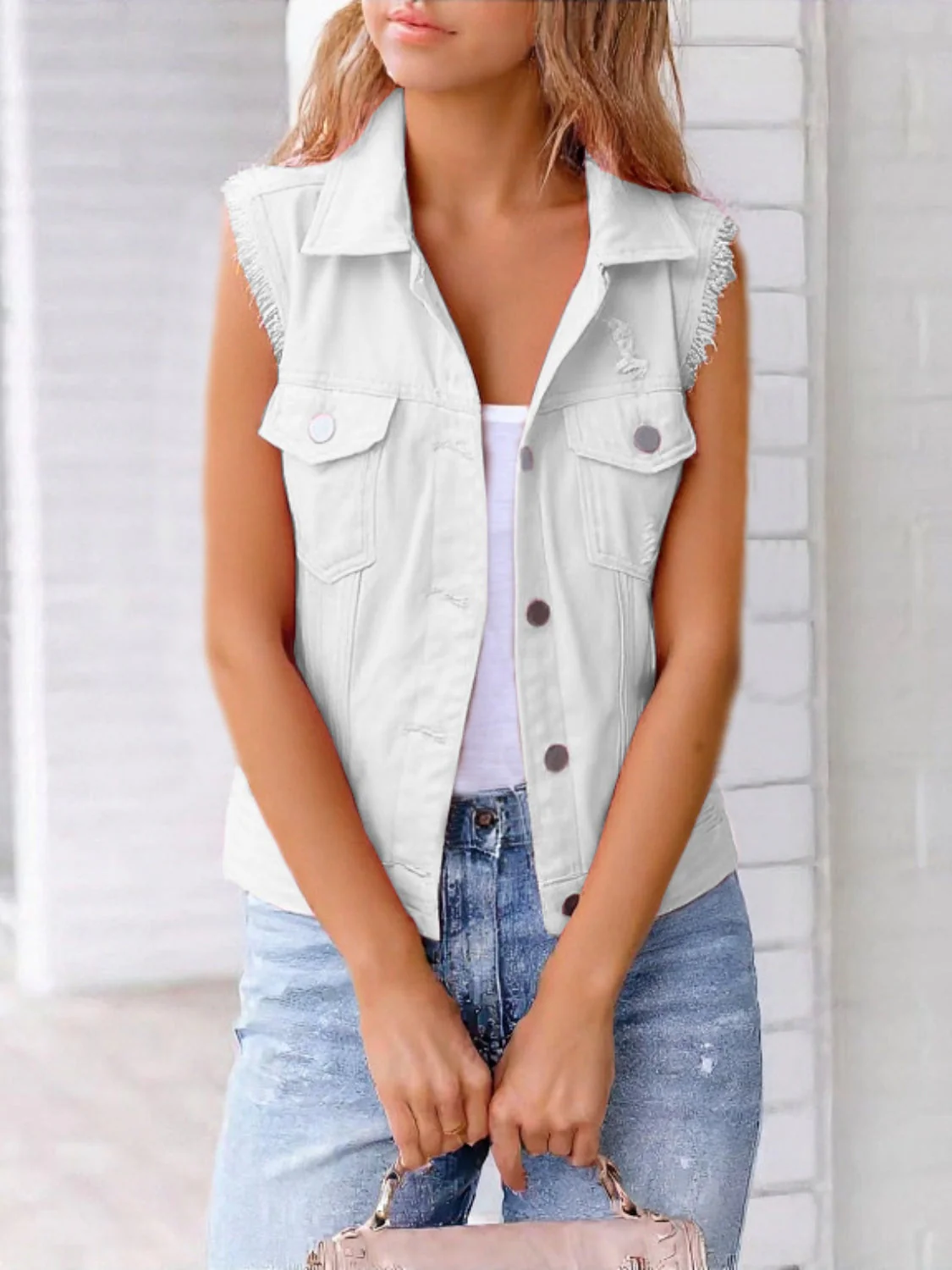 Full Size Button Down Raw Hem Sleeveless Denim Jacket Plus Size - Image 18