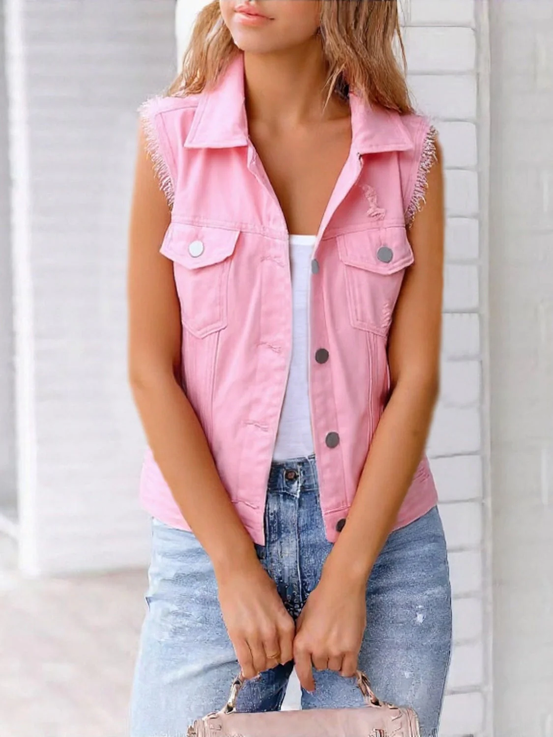 Full Size Button Down Raw Hem Sleeveless Denim Jacket Plus Size - Image 6