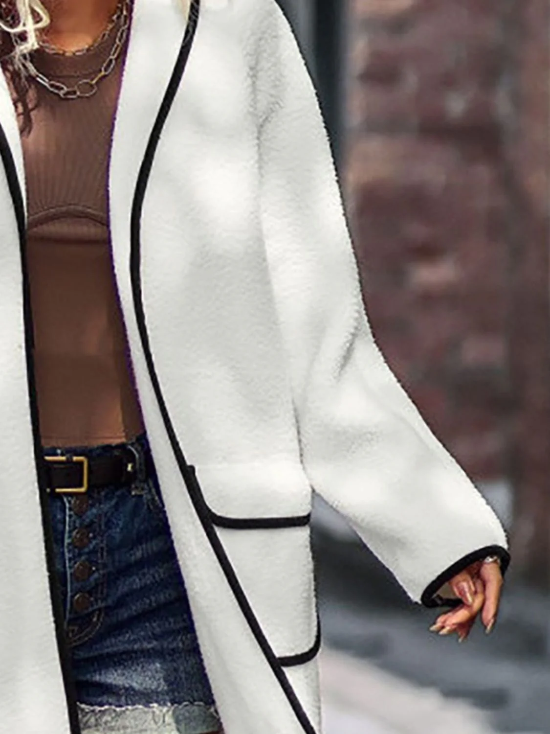 Full Size Contrast Trim Long Sleeve Coat with Pockets - Image 12