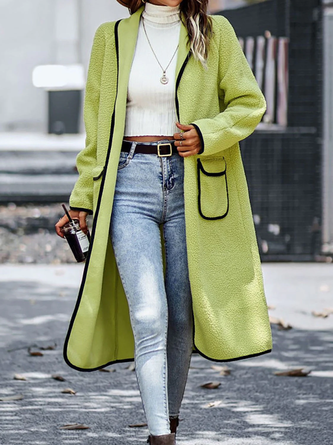 Full Size Contrast Trim Long Sleeve Coat with Pockets - Image 13