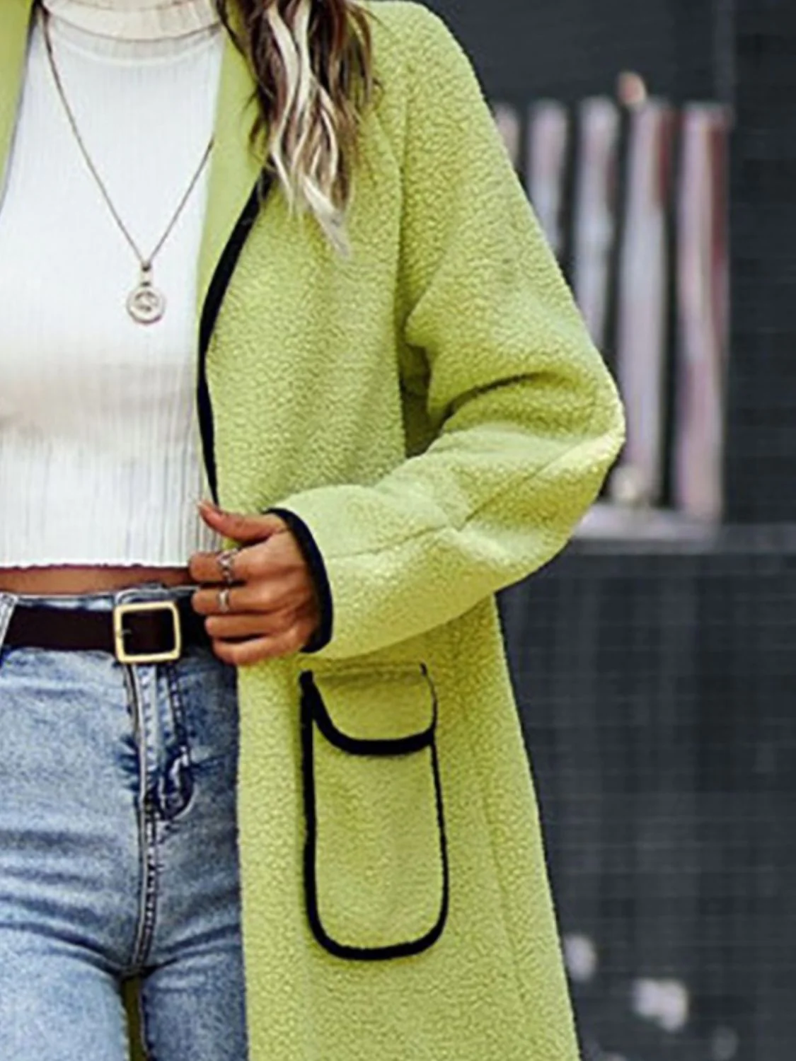 Full Size Contrast Trim Long Sleeve Coat with Pockets - Image 15