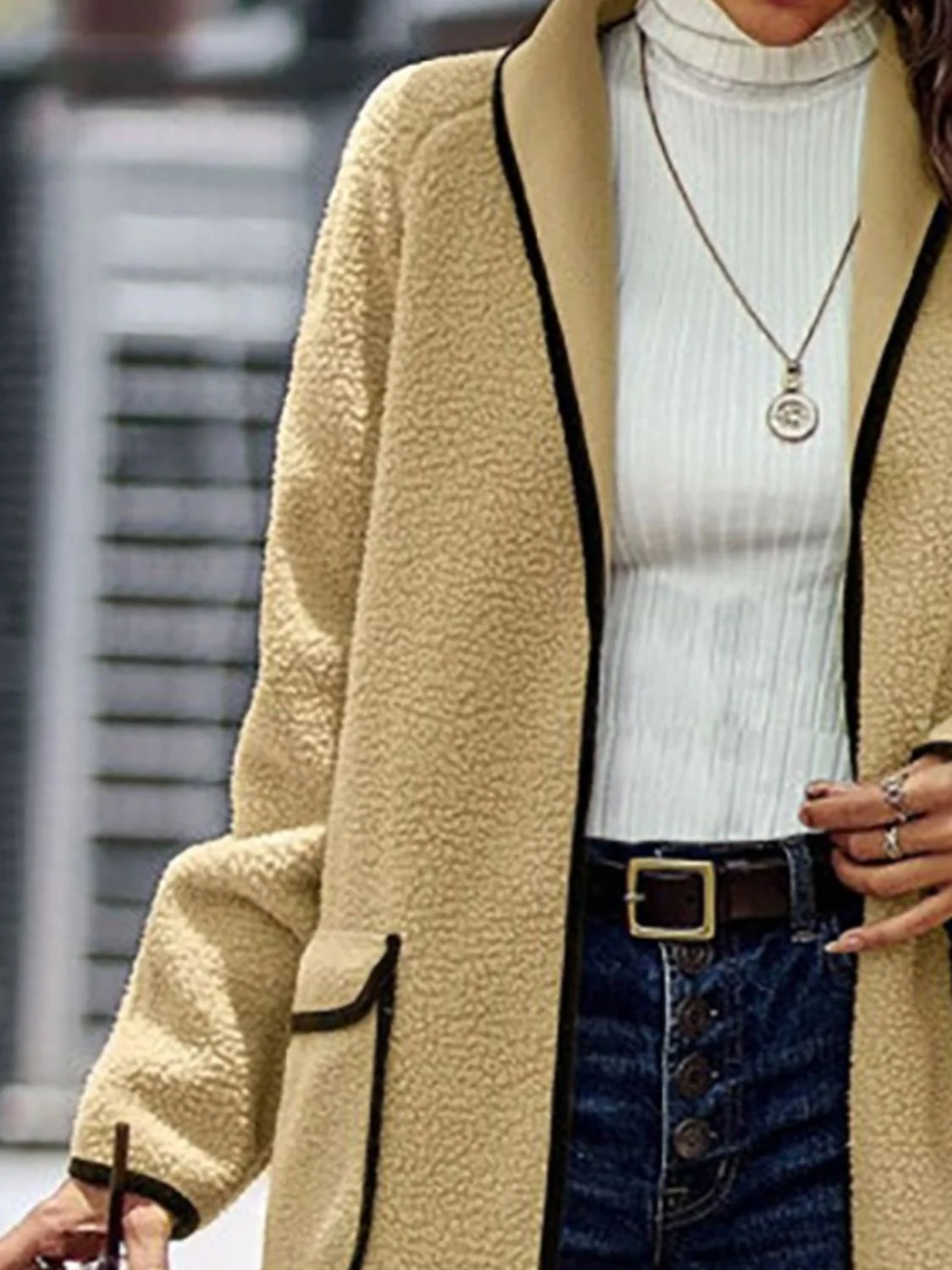 Full Size Contrast Trim Long Sleeve Coat with Pockets - Image 3