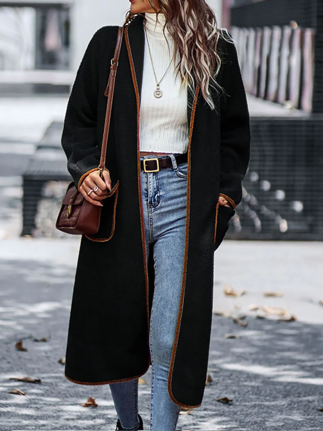Full Size Contrast Trim Long Sleeve Coat with Pockets - Image 4