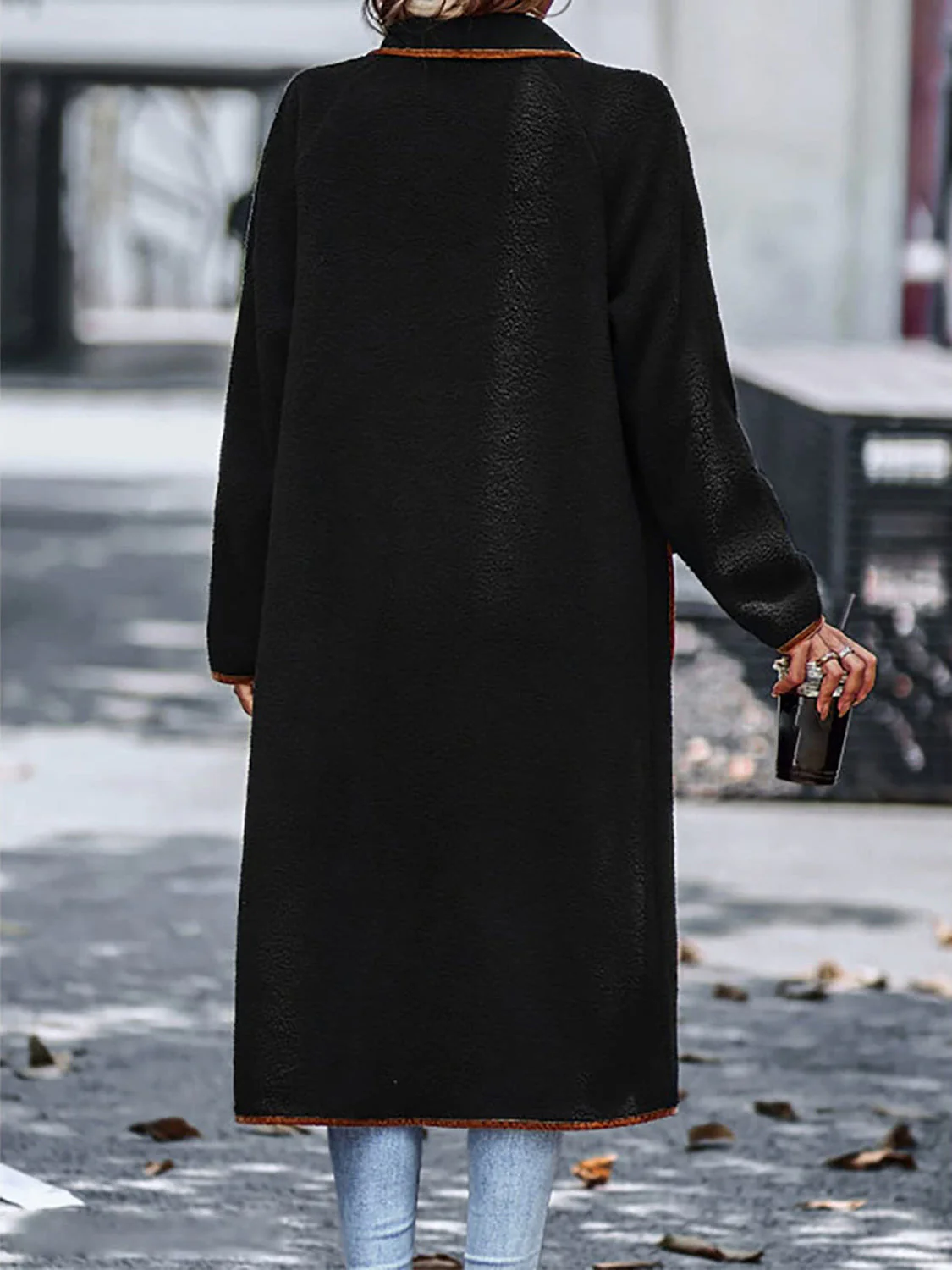 Full Size Contrast Trim Long Sleeve Coat with Pockets - Image 5