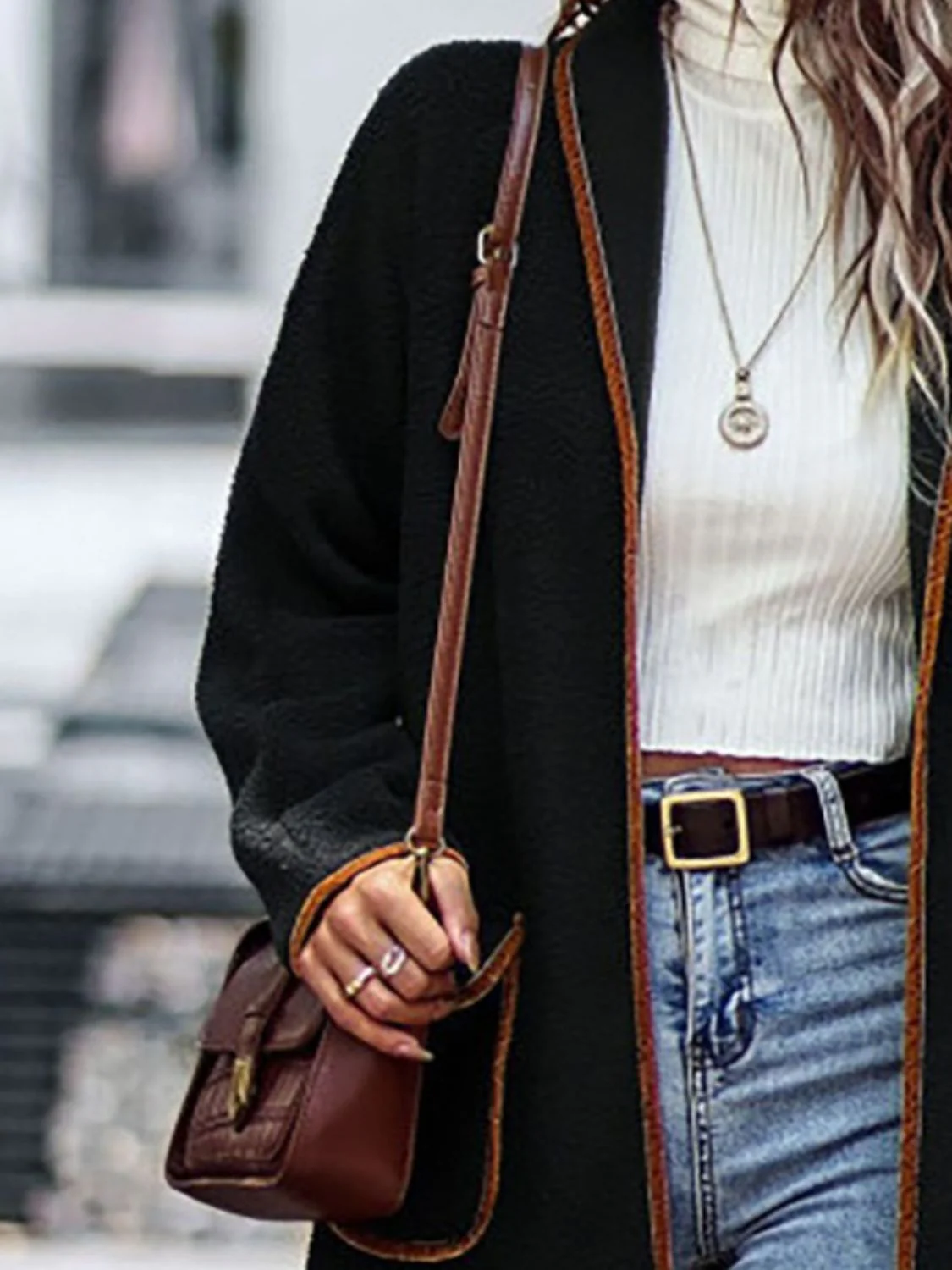 Full Size Contrast Trim Long Sleeve Coat with Pockets - Image 6