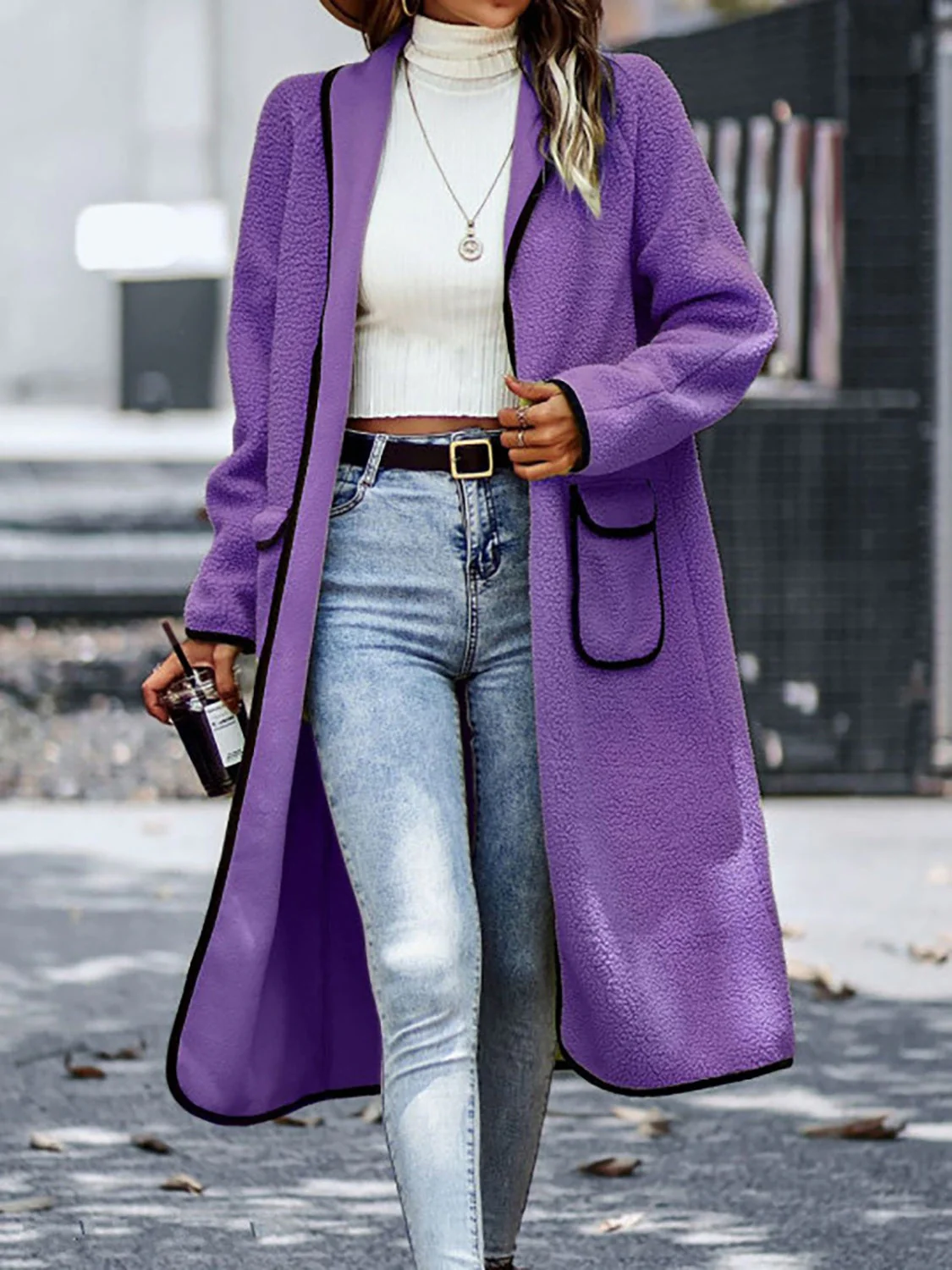 Full Size Contrast Trim Long Sleeve Coat with Pockets - Image 7