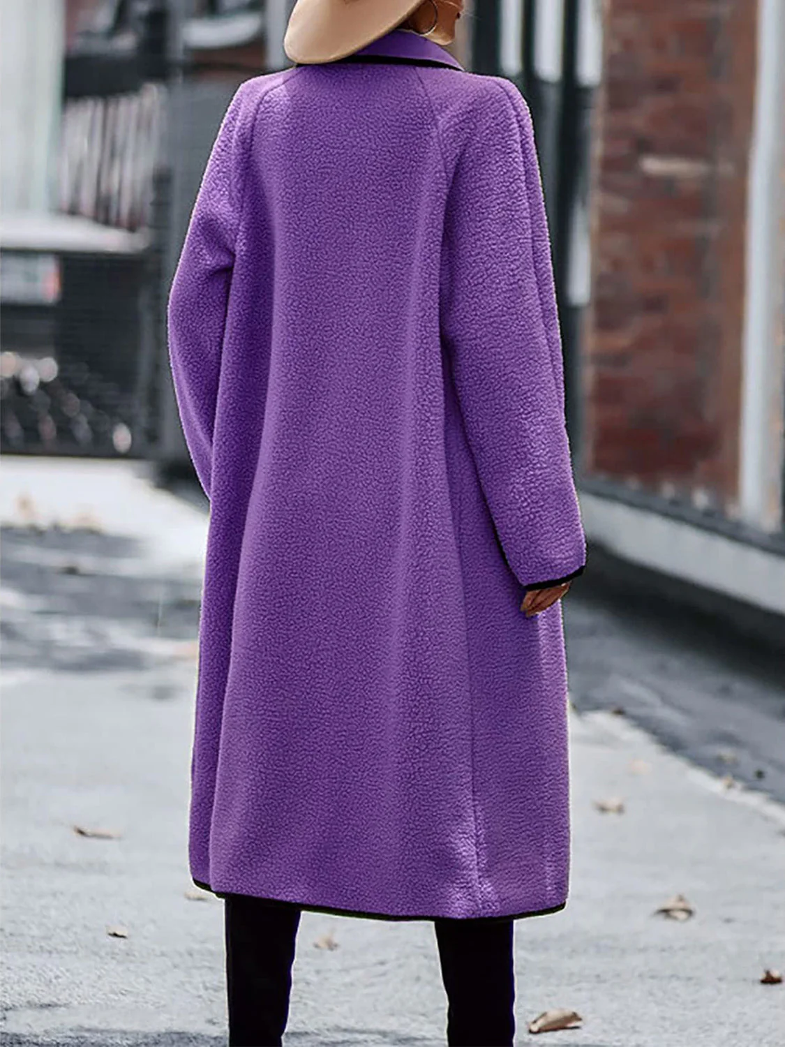 Full Size Contrast Trim Long Sleeve Coat with Pockets - Image 8