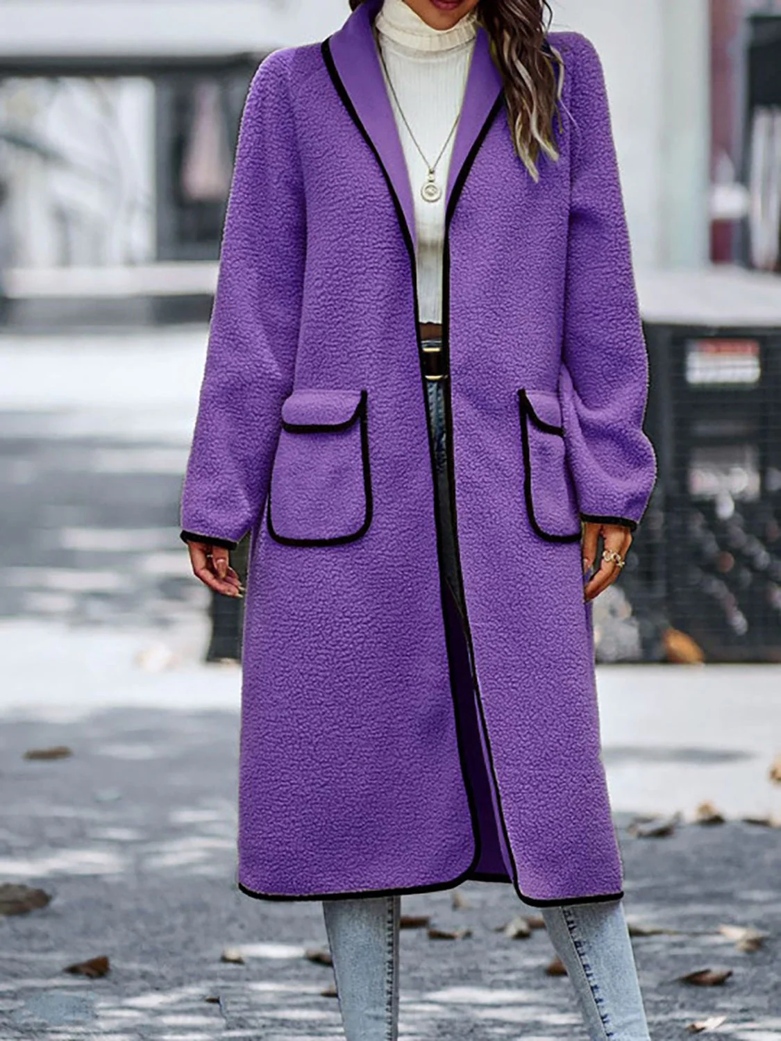Full Size Contrast Trim Long Sleeve Coat with Pockets - Image 9