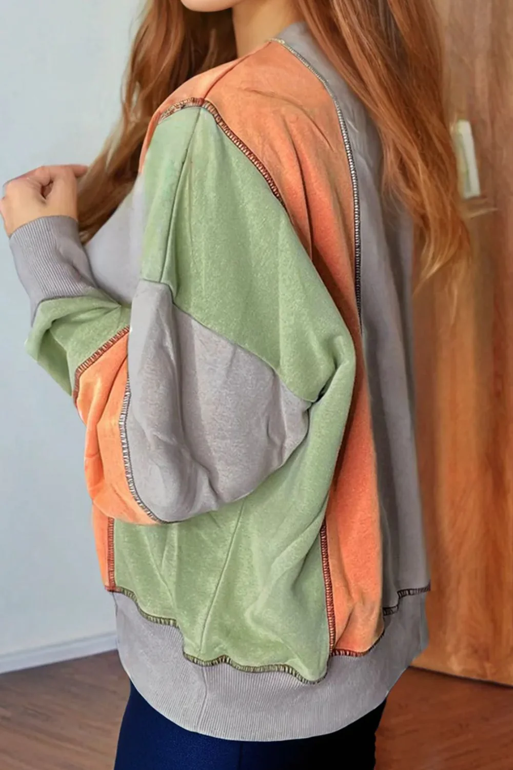Full Size Exposed Seam Color Block Long Sleeve Sweatshirt - Image 2