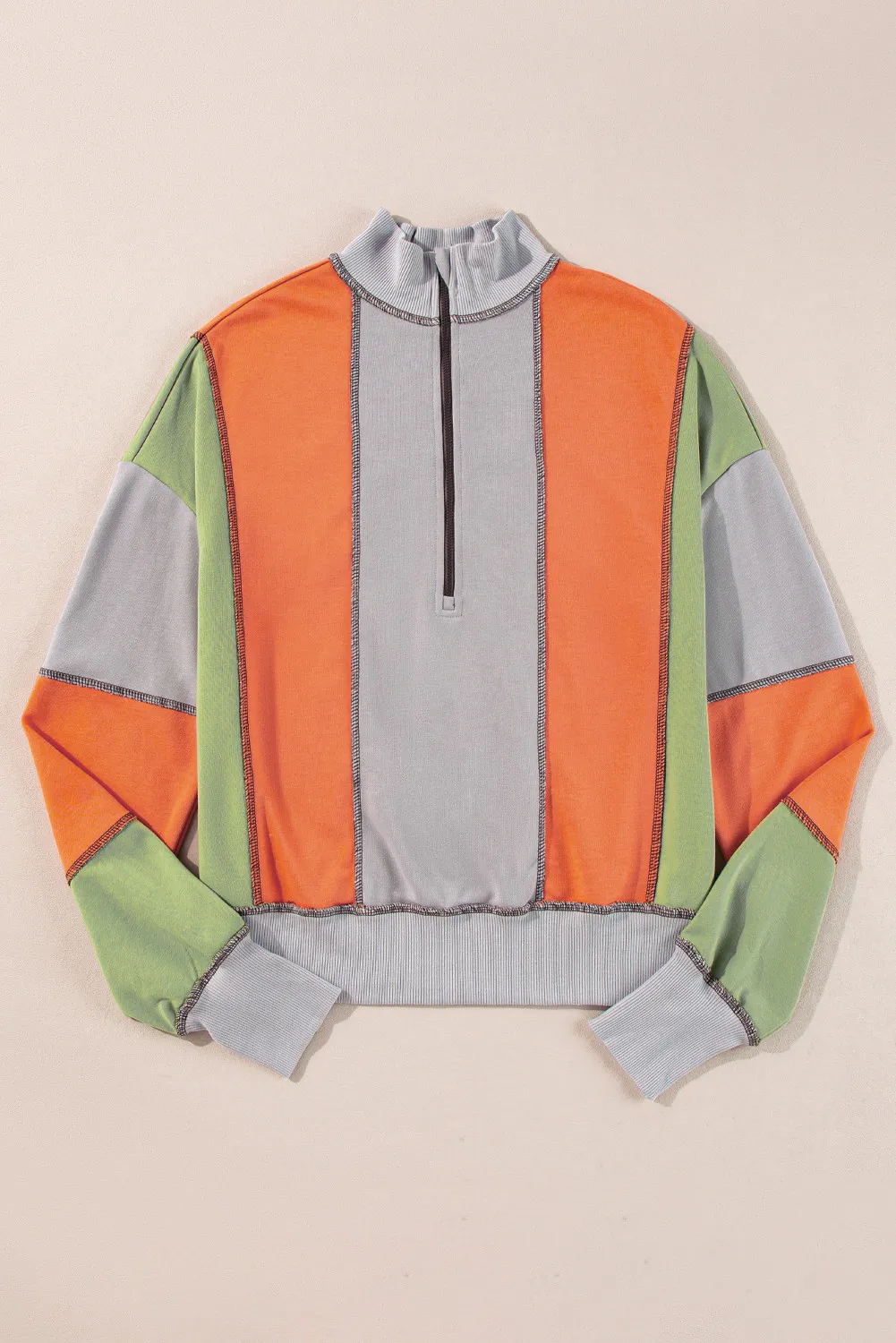 Full Size Exposed Seam Color Block Long Sleeve Sweatshirt - Image 3