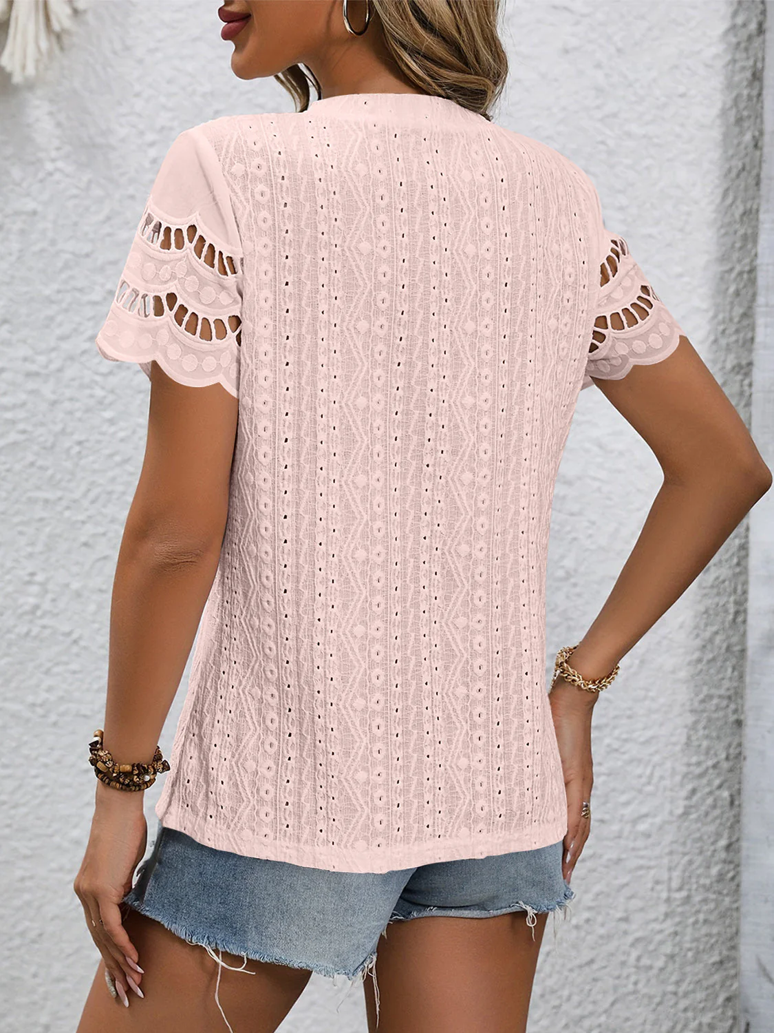Full Size Eyelet Round Neck Short Sleeve Top - Image 12