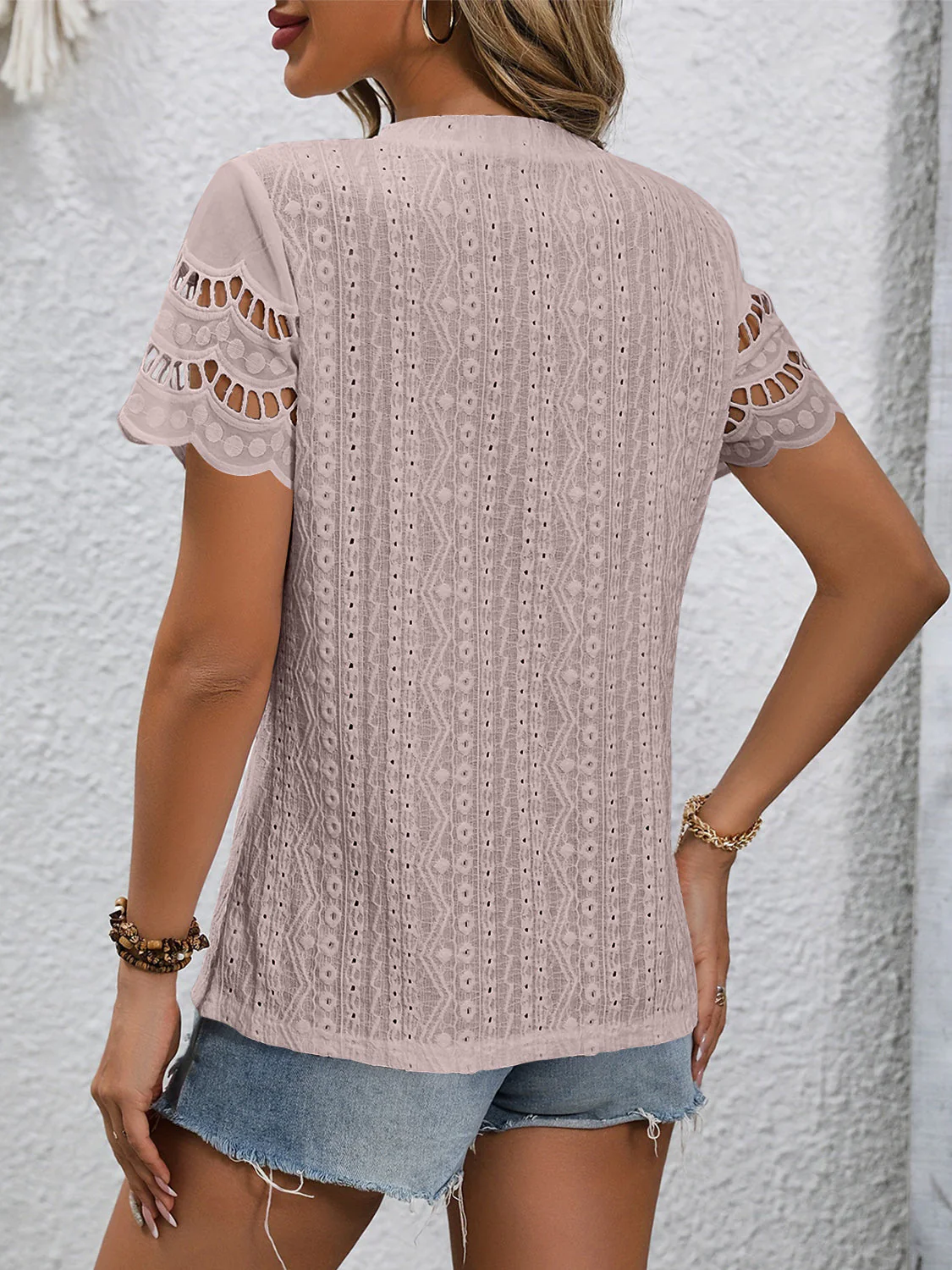 Full Size Eyelet Round Neck Short Sleeve Top - Image 13