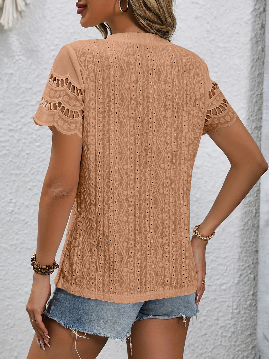 Full Size Eyelet Round Neck Short Sleeve Top - Image 18