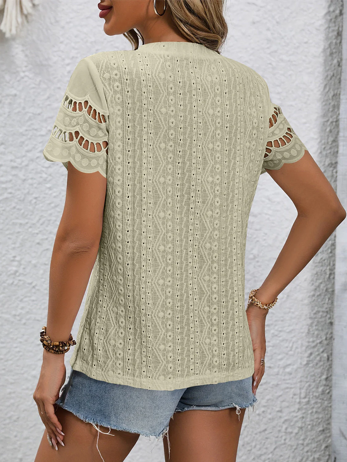 Full Size Eyelet Round Neck Short Sleeve Top - Image 20