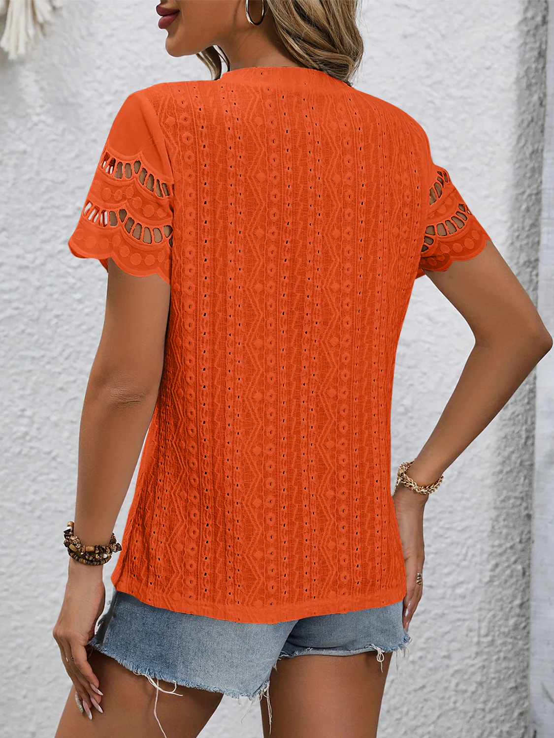 Full Size Eyelet Round Neck Short Sleeve Top - Image 22