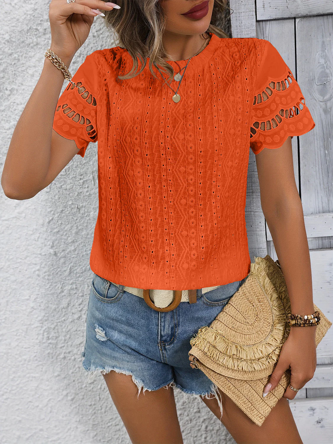Full Size Eyelet Round Neck Short Sleeve Top - Image 24