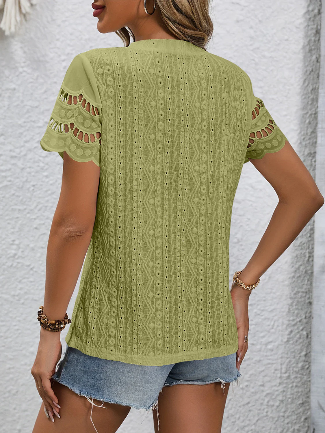 Full Size Eyelet Round Neck Short Sleeve Top - Image 27