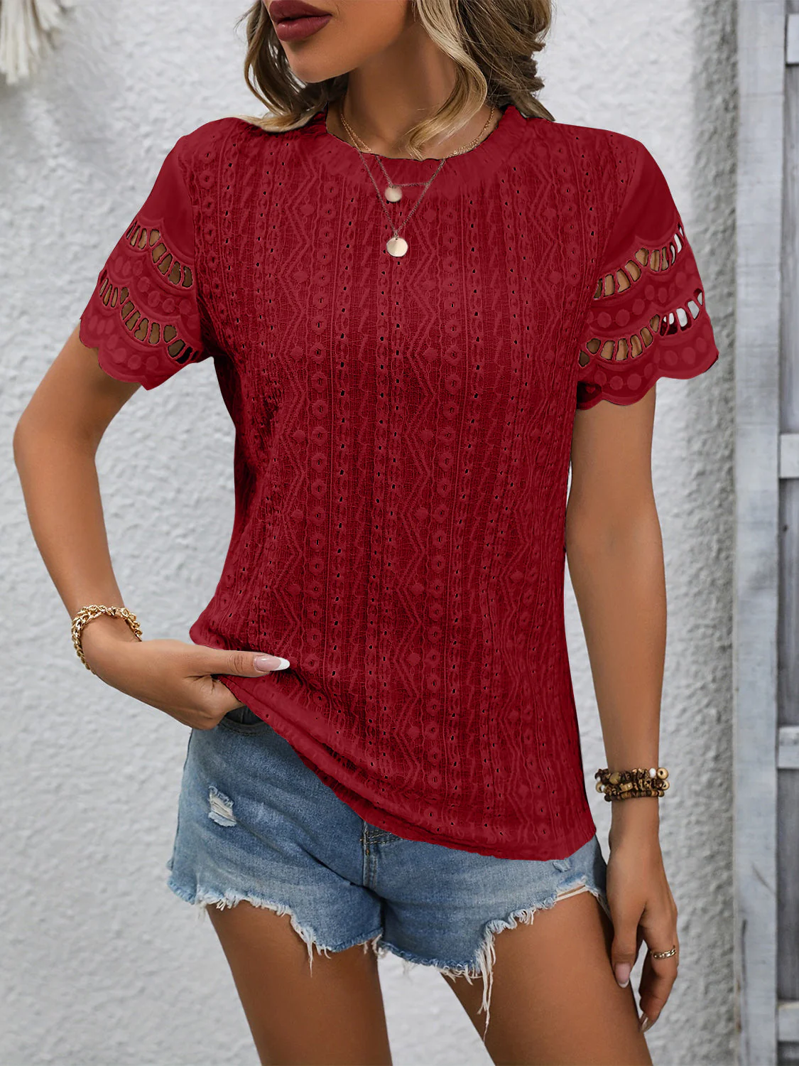 Full Size Eyelet Round Neck Short Sleeve Top - Image 28