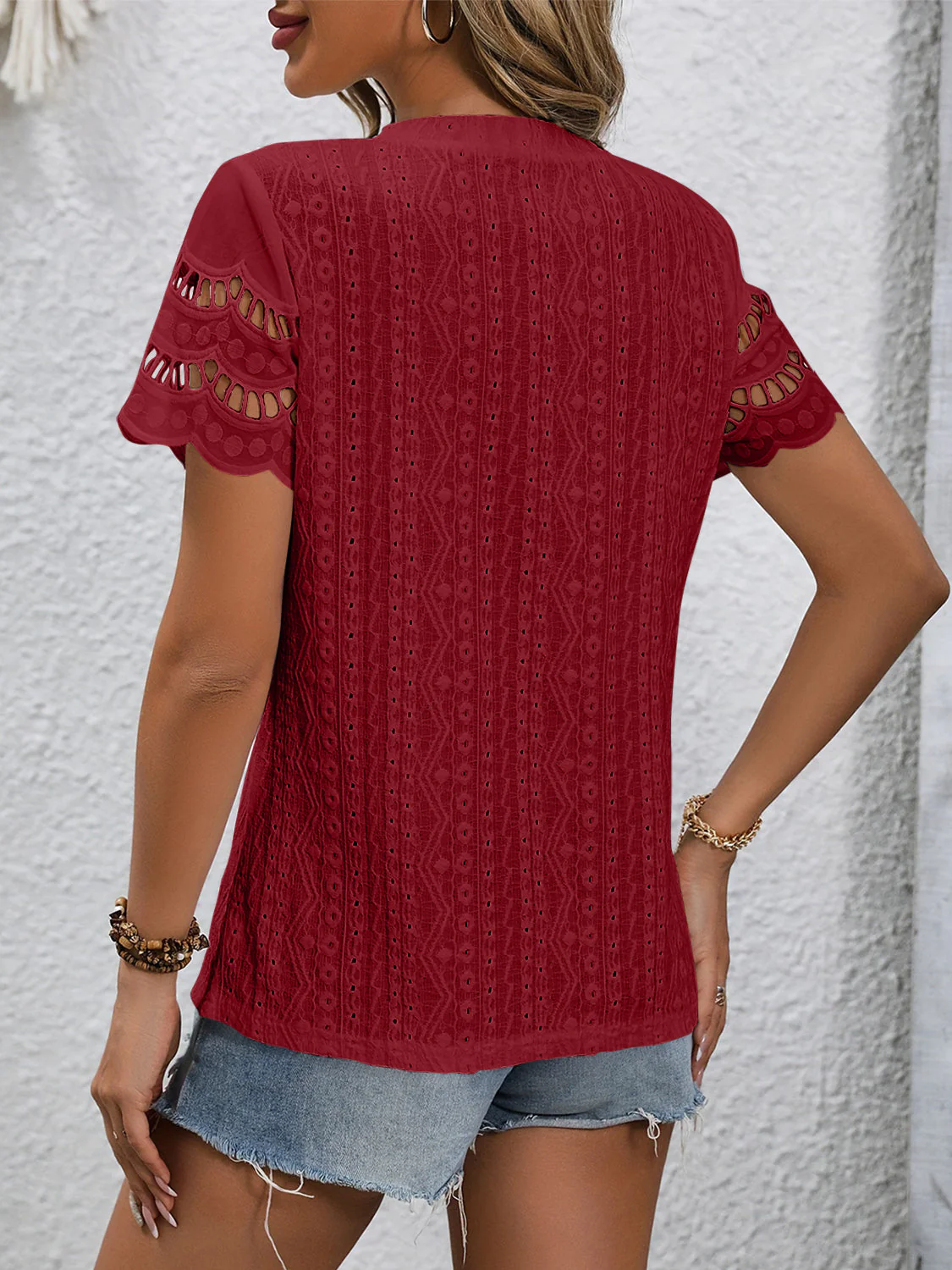 Full Size Eyelet Round Neck Short Sleeve Top - Image 29