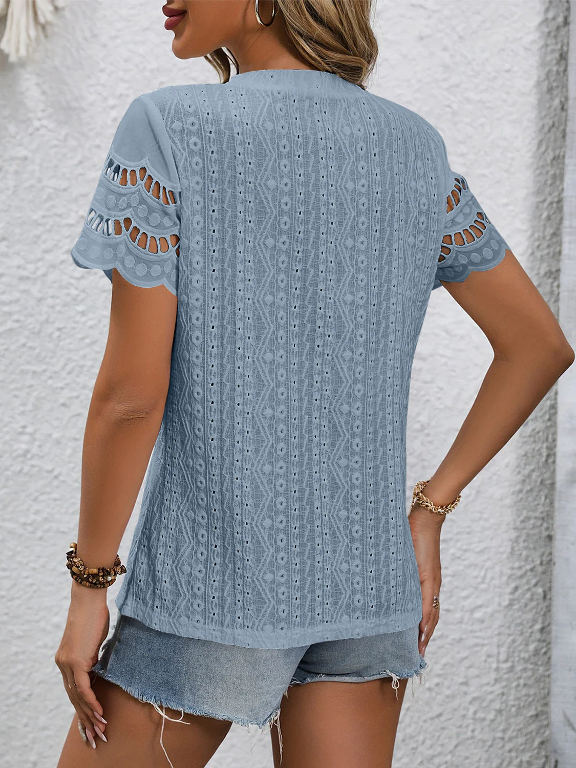 Full Size Eyelet Round Neck Short Sleeve Top - Image 3