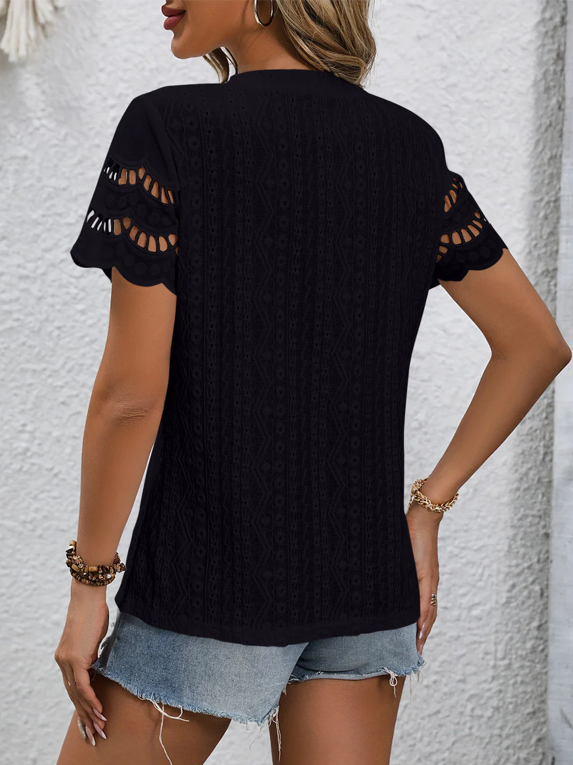 Full Size Eyelet Round Neck Short Sleeve Top - Image 33