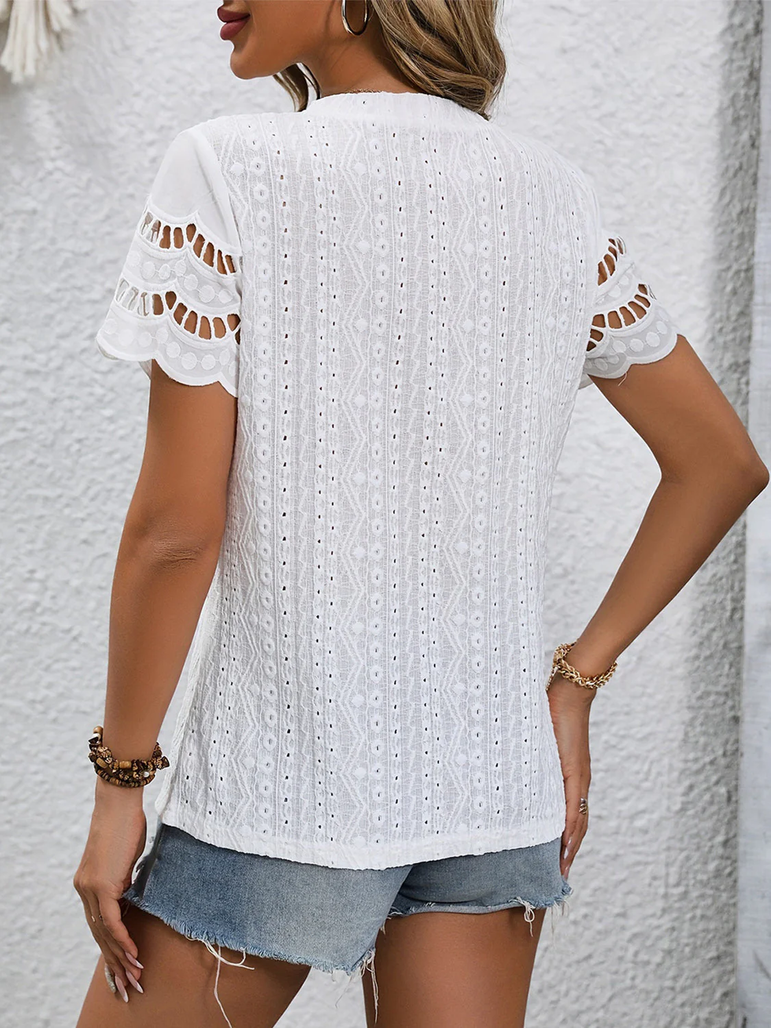 Full Size Eyelet Round Neck Short Sleeve Top - Image 4