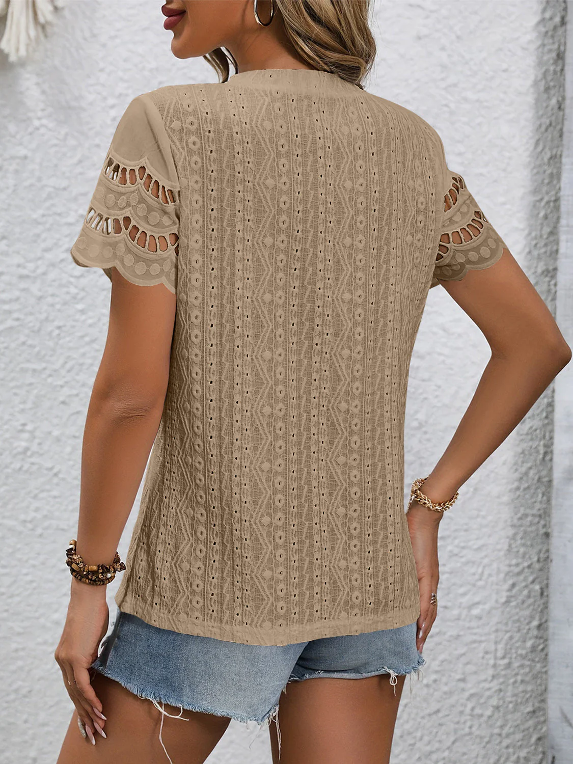 Full Size Eyelet Round Neck Short Sleeve Top - Image 8