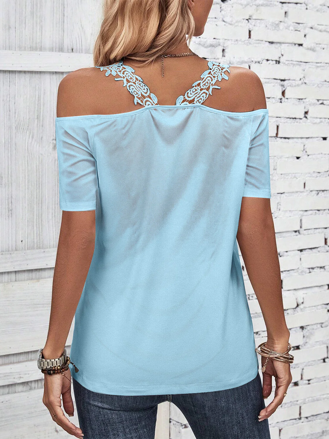 Full Size Lace Detail Short Sleeve T-Shirt - Image 7