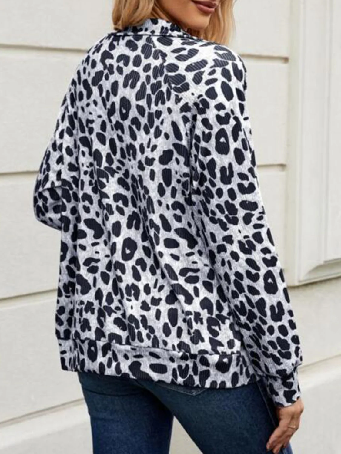 Full Size Leopard Collared Neck Zip Up Jacket - Image 2