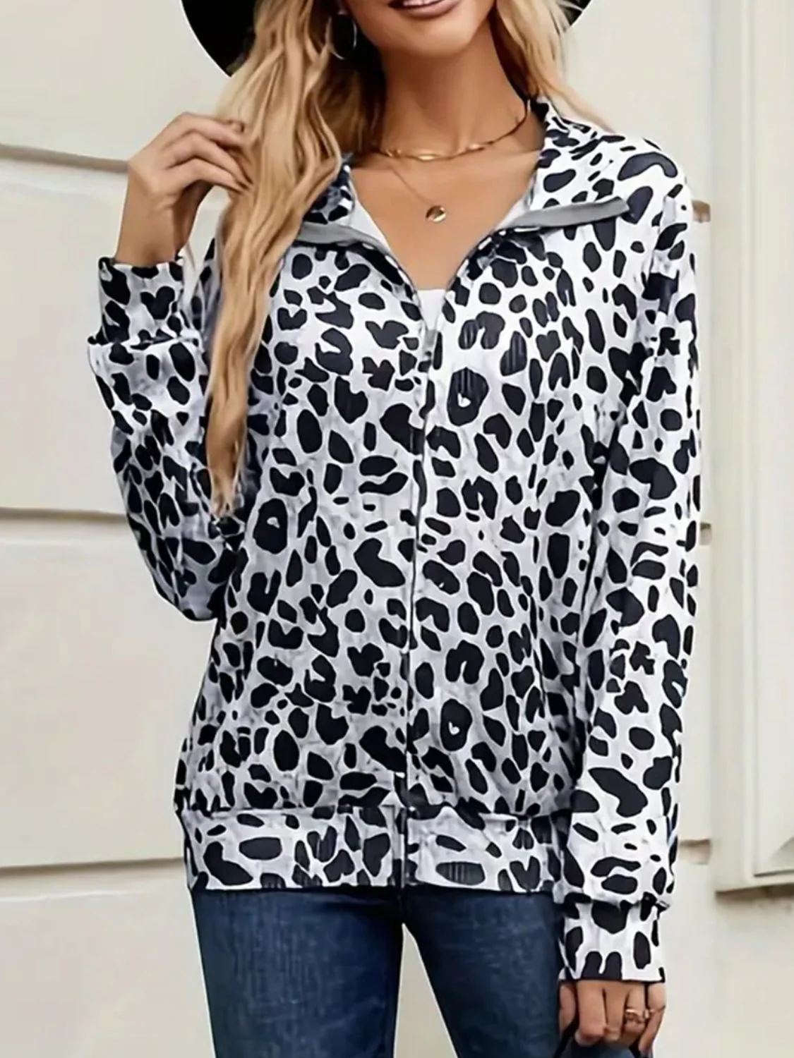 Full Size Leopard Collared Neck Zip Up Jacket - Image 3