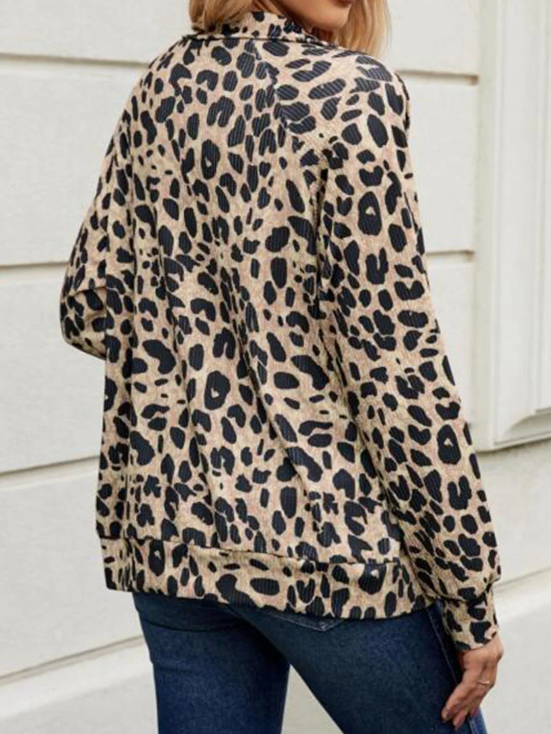 Full Size Leopard Collared Neck Zip Up Jacket - Image 6