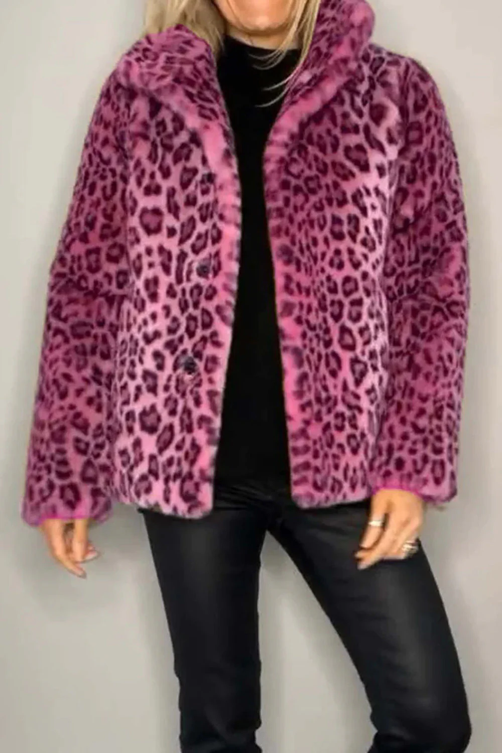 Full Size Leopard Furry Collared Neck Long Sleeve Coat - Image 11