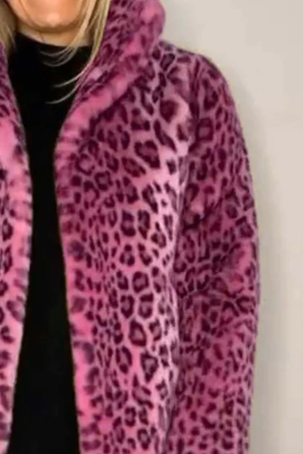 Full Size Leopard Furry Collared Neck Long Sleeve Coat - Image 12