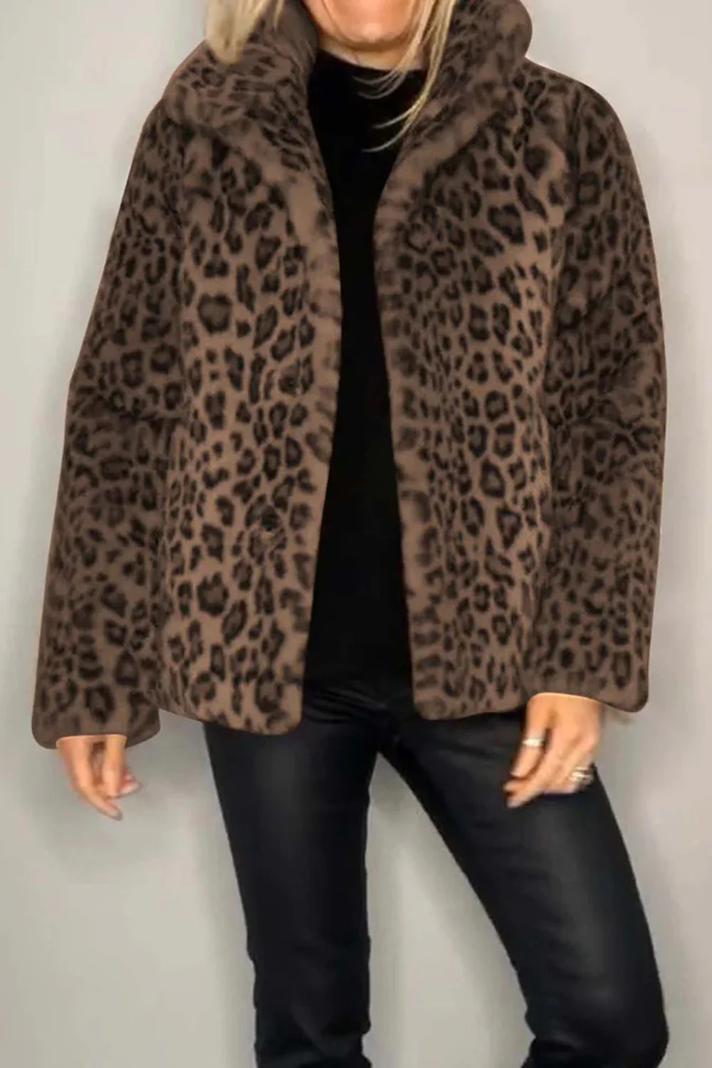 Full Size Leopard Furry Collared Neck Long Sleeve Coat - Image 14