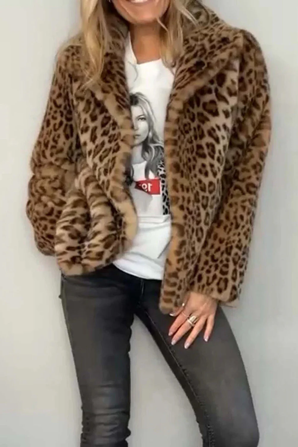 Full Size Leopard Furry Collared Neck Long Sleeve Coat - Image 2