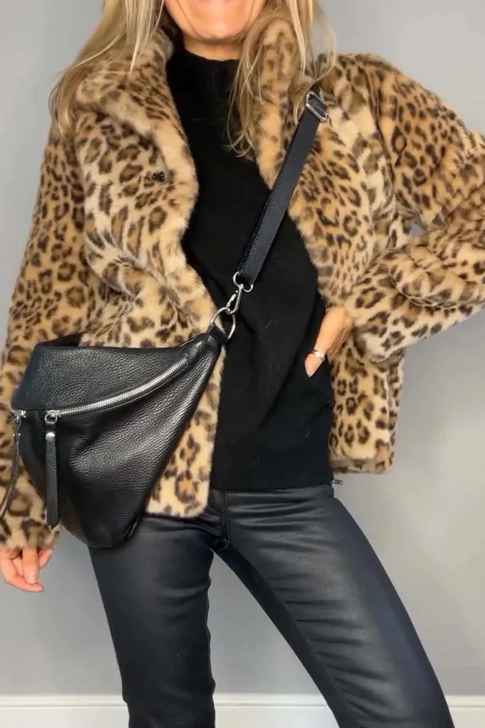 Full Size Leopard Furry Collared Neck Long Sleeve Coat - Image 4