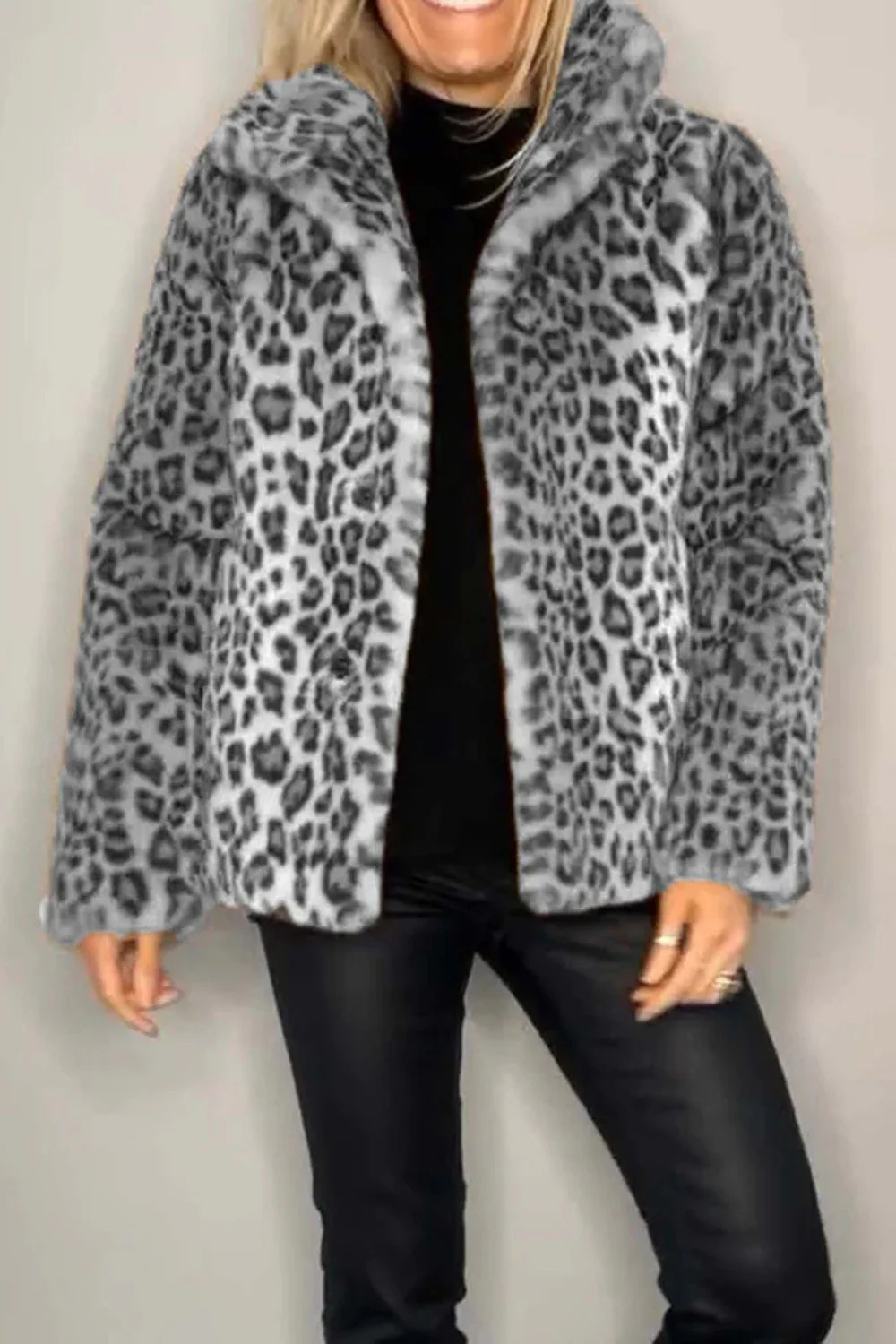 Full Size Leopard Furry Collared Neck Long Sleeve Coat - Image 5