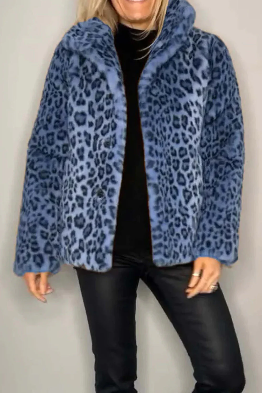 Full Size Leopard Furry Collared Neck Long Sleeve Coat - Image 8