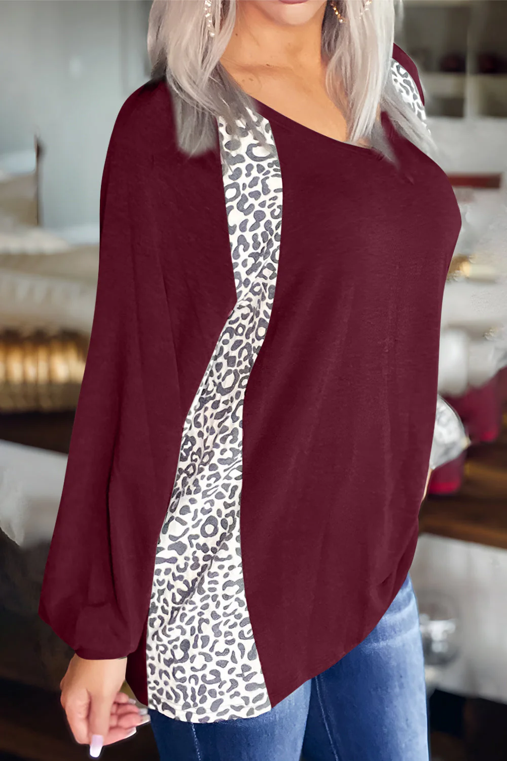 Full Size Leopard V-Neck Long Sleeve T-Shirt - Image 10
