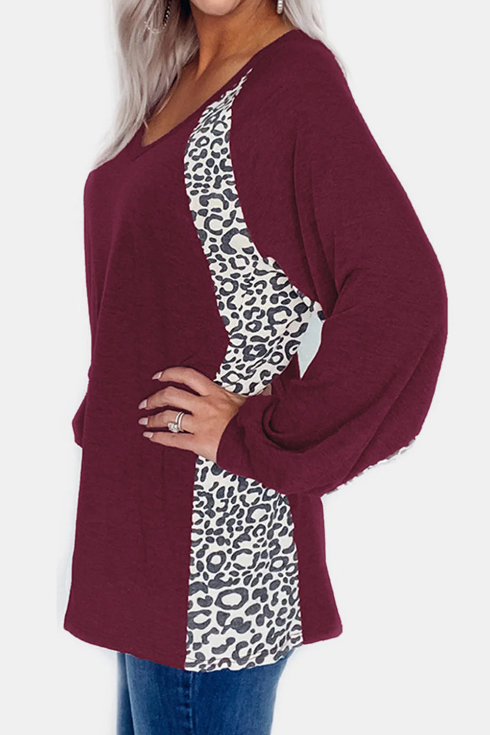 Full Size Leopard V-Neck Long Sleeve T-Shirt - Image 12