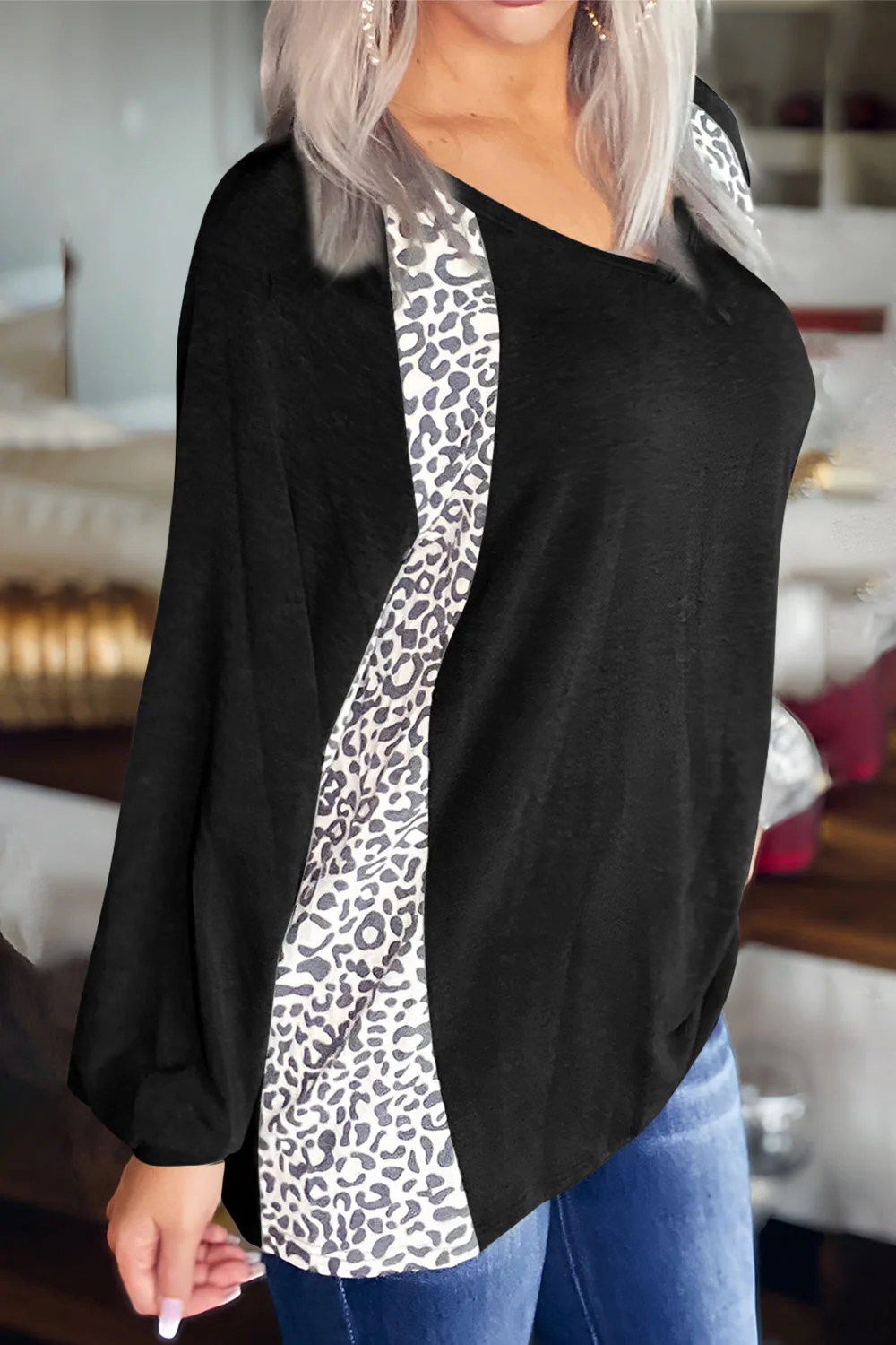 Full Size Leopard V-Neck Long Sleeve T-Shirt - Image 2