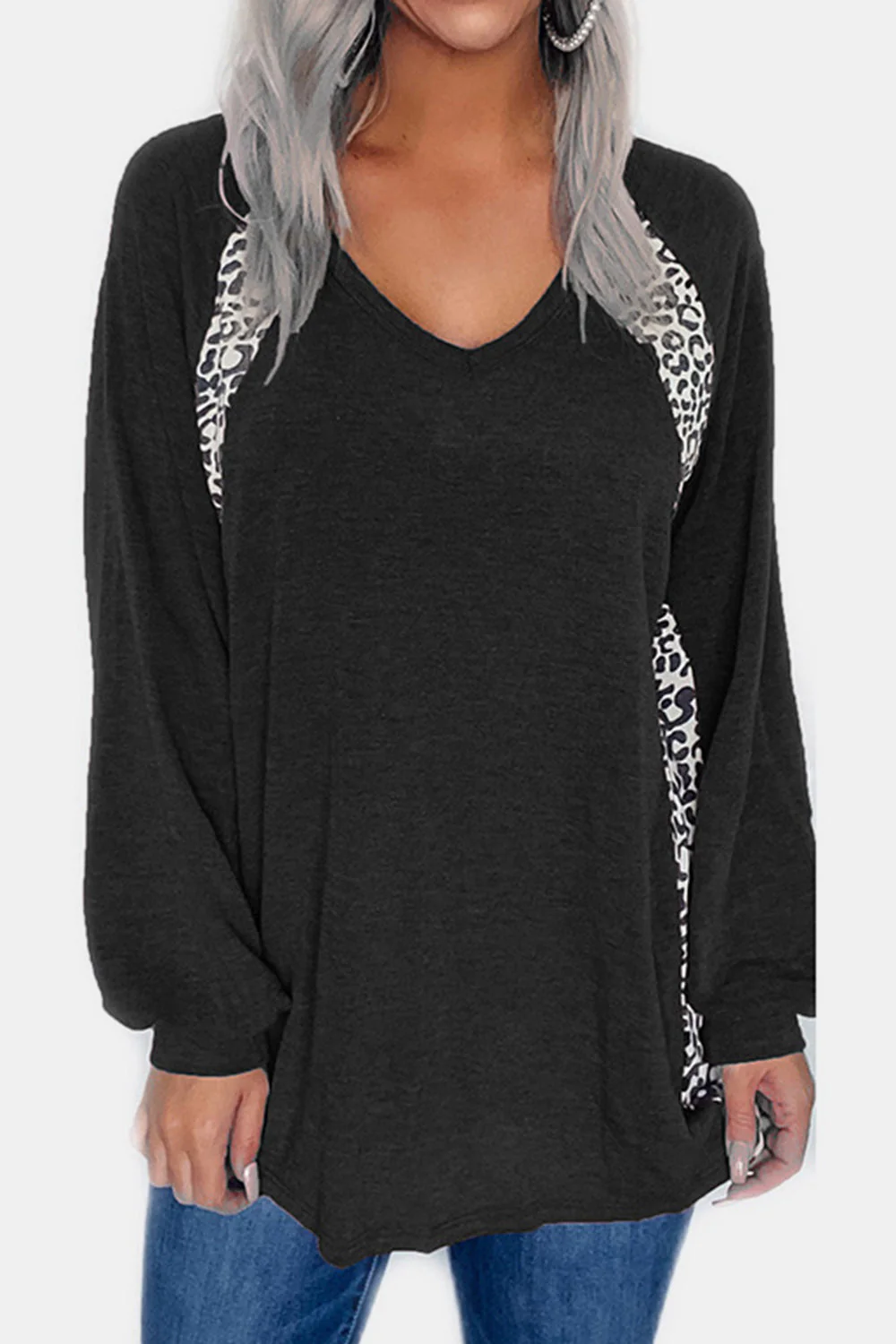 Full Size Leopard V-Neck Long Sleeve T-Shirt - Image 3