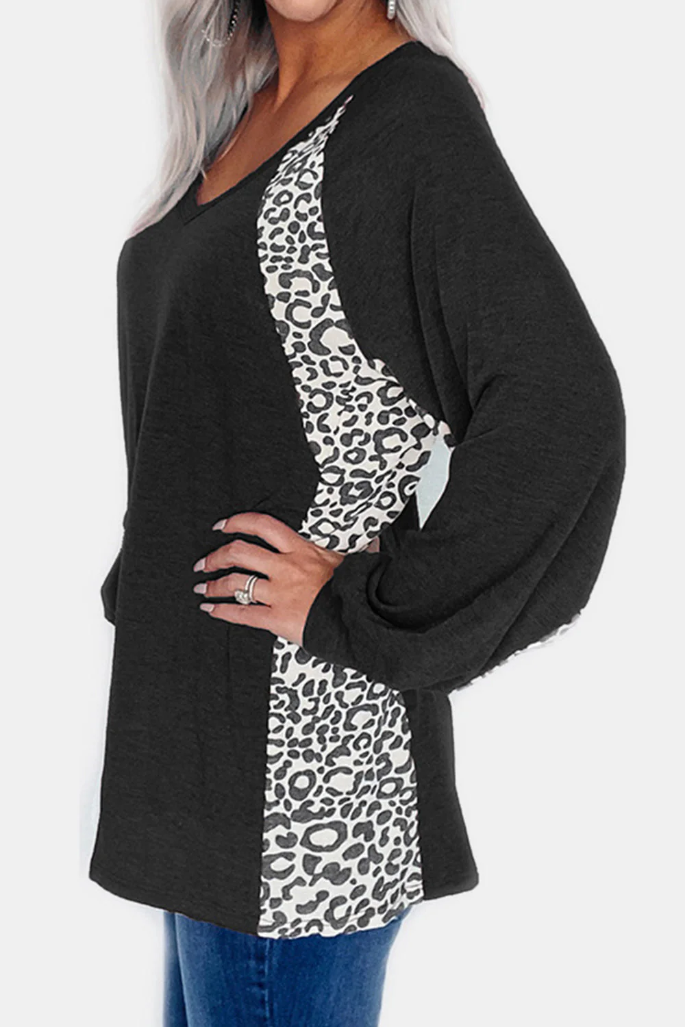 Full Size Leopard V-Neck Long Sleeve T-Shirt - Image 4